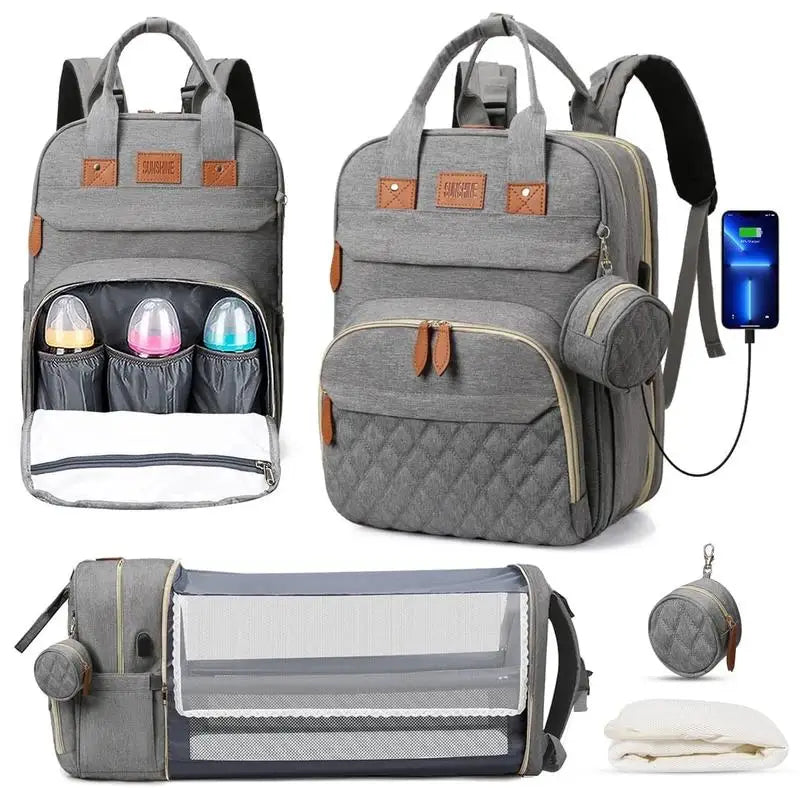 3-in-1 Baby Diaper Bag Backpack with Foldable Travel Bed