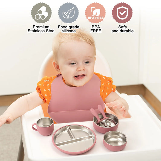 Set de alimentación de acero inoxidable y silicona - 7 piezas