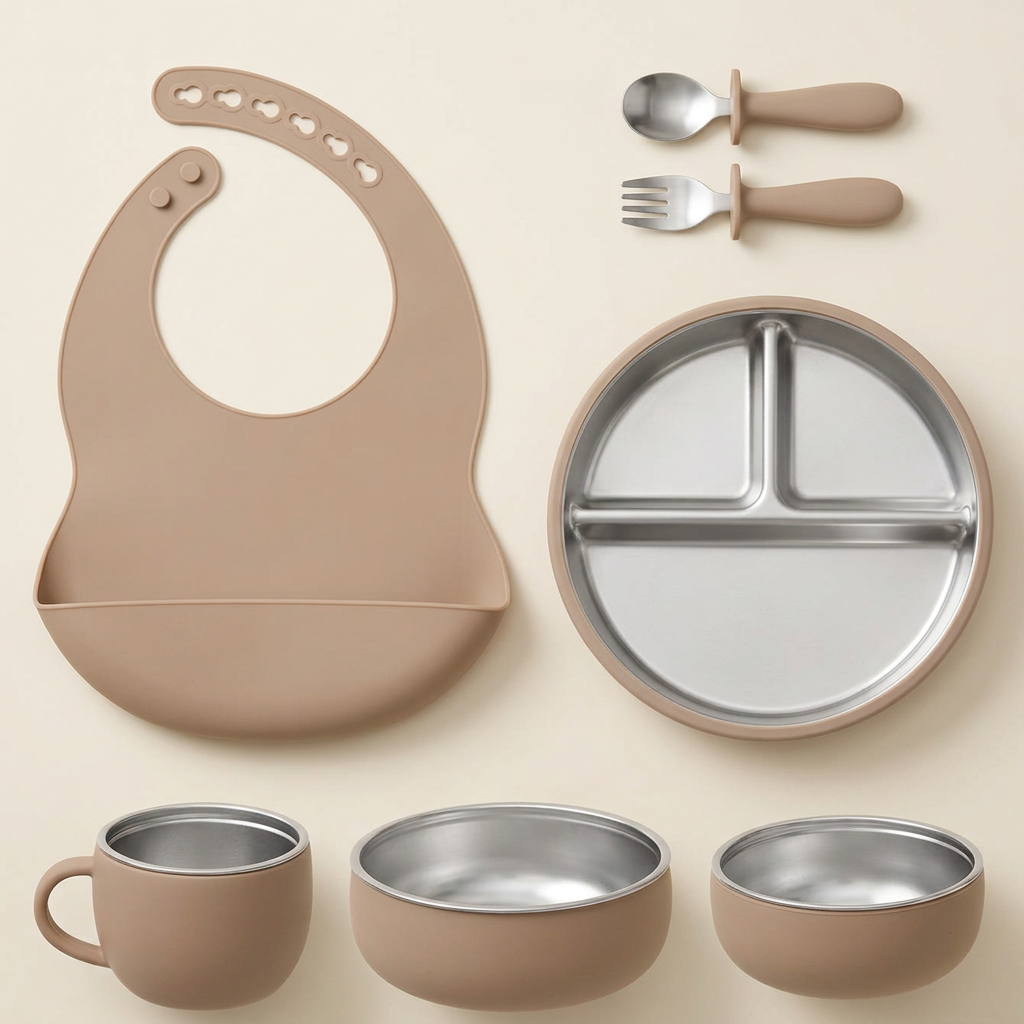 Taupe seven-piece stainless steel and silicone mealtime set on an ivory background