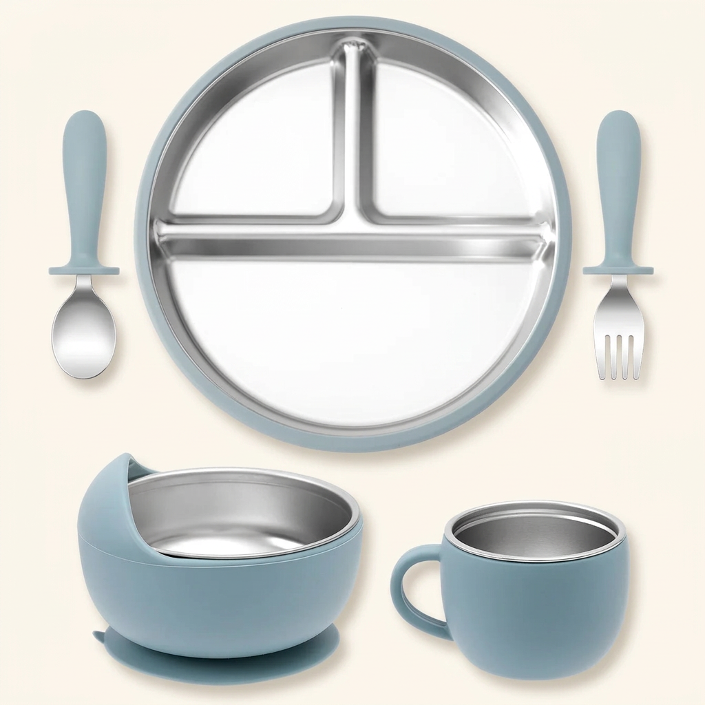 Ether stainless steel and silicone baby feeding set on ivory