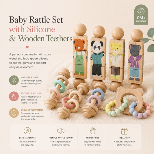 Baby Rattle Set with Silicone & Wooden Teethers