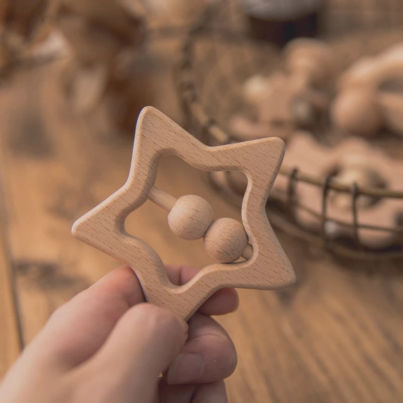 Natural Beech Wood Baby Rattle Set