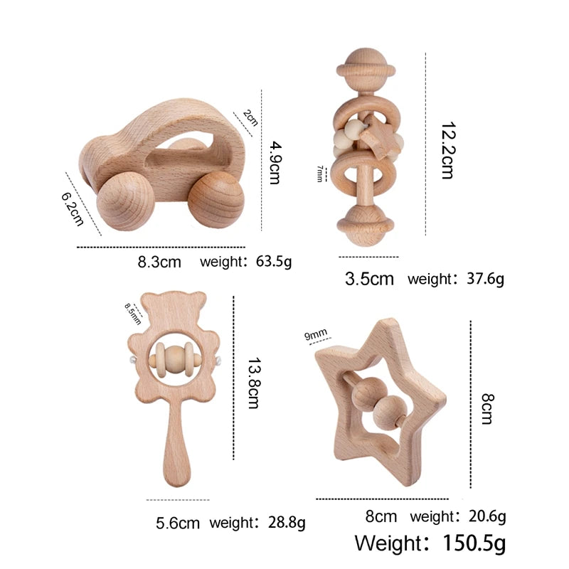 Natural Beech Wood Baby Rattle Set