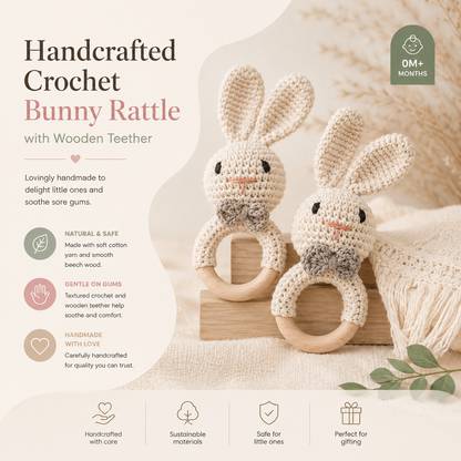 Handcrafted Crochet Bunny Rattle with Wooden Teether