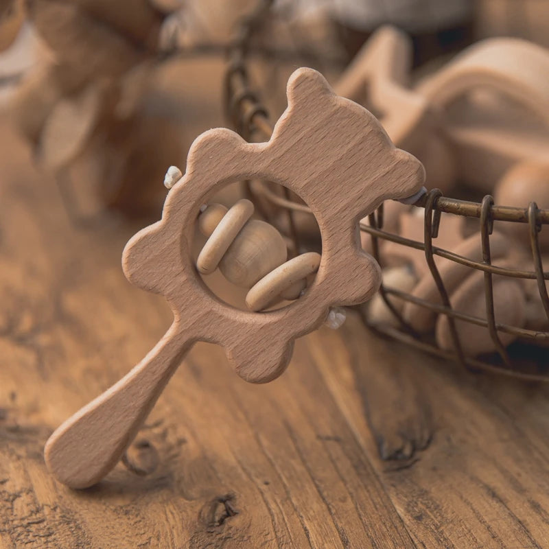 Natural Beech Wood Baby Rattle Set