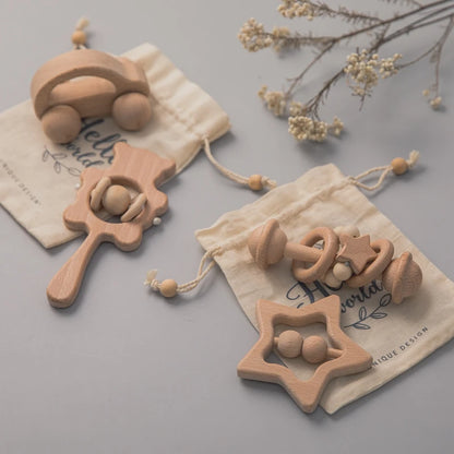 Natural Beech Wood Baby Rattle Set