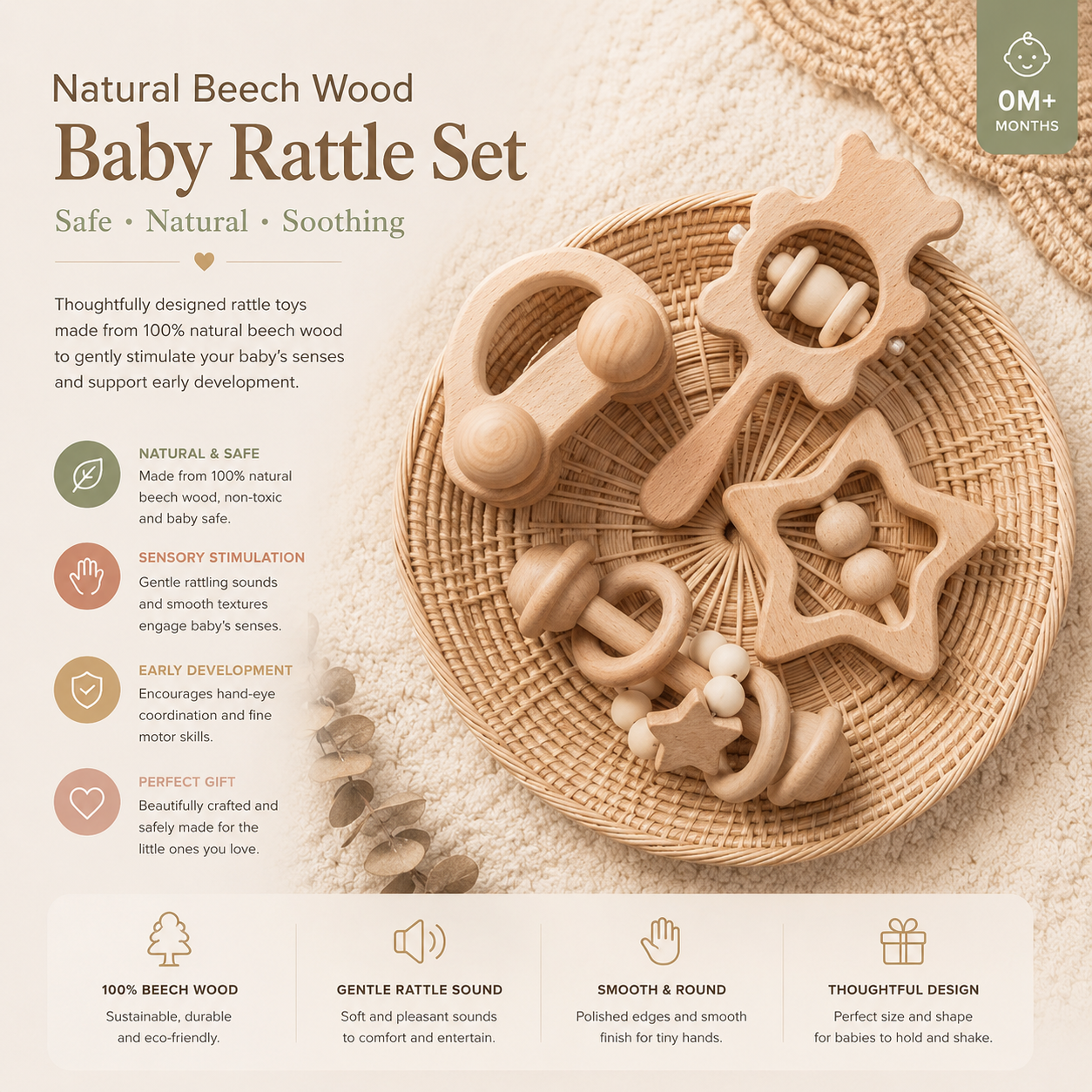 Natural Beech Wood Baby Rattle Set