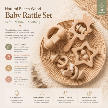 Natural Beech Wood Baby Rattle Set