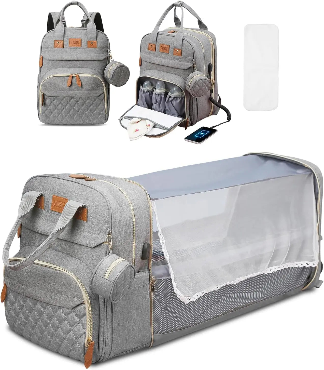 3-in-1 Baby Diaper Bag Backpack with Foldable Travel Bed