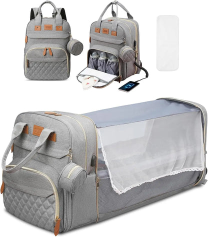 3-in-1 Baby Diaper Bag Backpack with Foldable Travel Bed