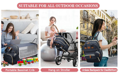 3-in-1 Baby Diaper Bag Backpack with Foldable Travel Bed