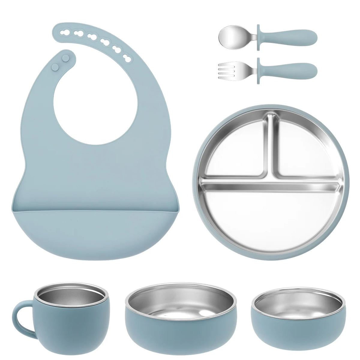Stainless Steel & Silicone Mealtime Set - 7 Piece