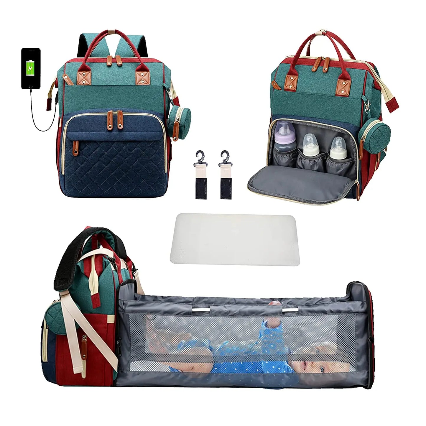 3-in-1 Baby Diaper Bag Backpack with Foldable Travel Bed