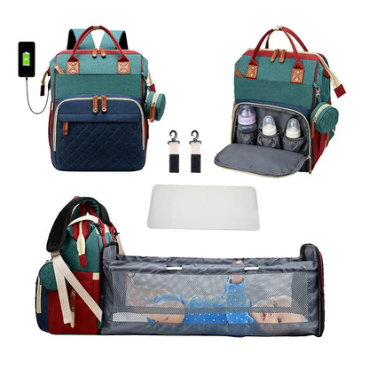 3-in-1 Baby Diaper Bag Backpack with Foldable Travel Bed