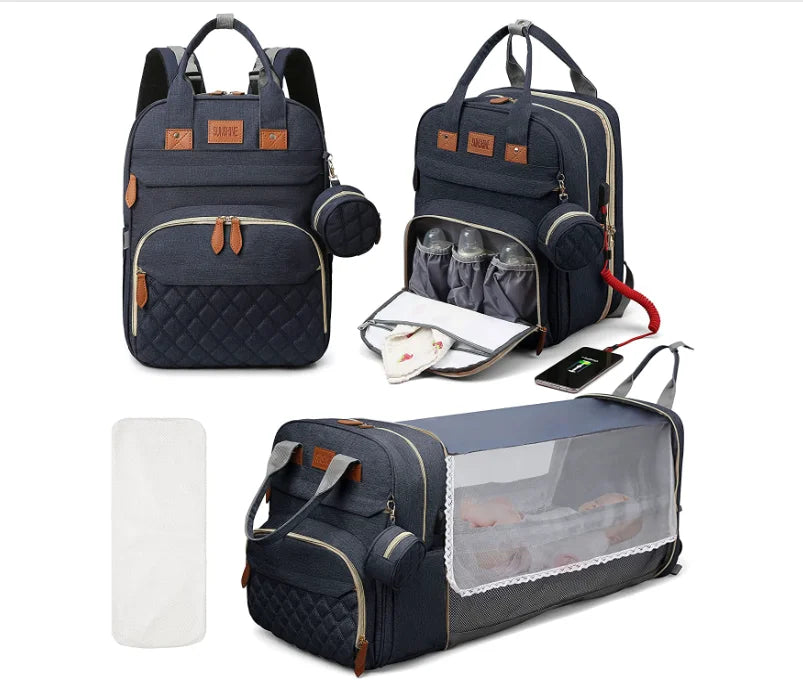 3-in-1 Baby Diaper Bag Backpack with Foldable Travel Bed
