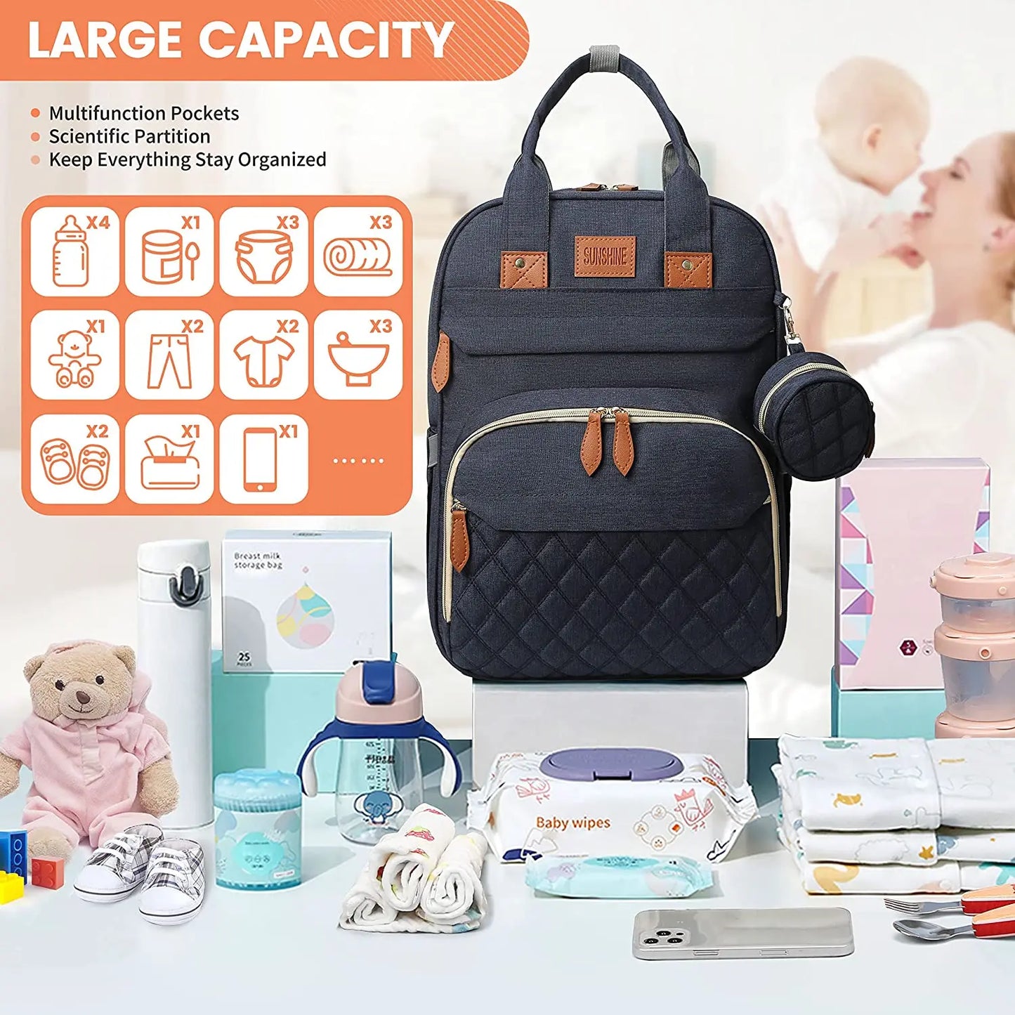 3-in-1 Baby Diaper Bag Backpack with Foldable Travel Bed