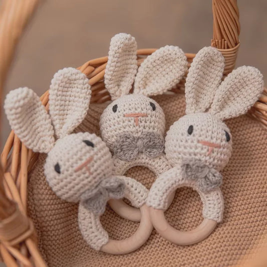 Handcrafted Crochet Bunny Rattle with Wooden Teether
