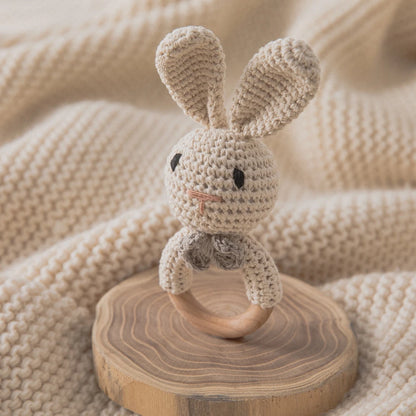 Handcrafted Crochet Bunny Rattle with Wooden Teether