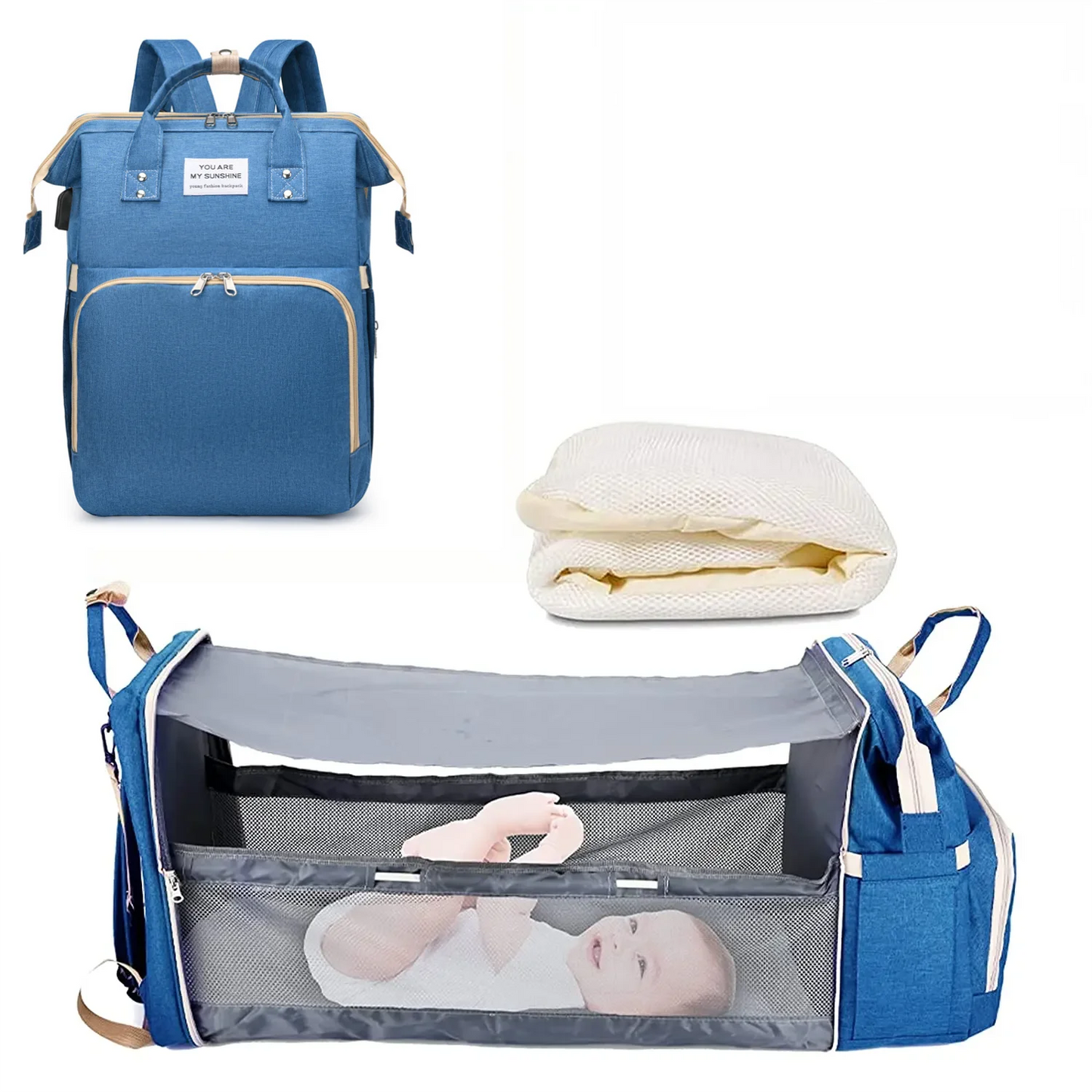 3-in-1 Baby Diaper Bag Backpack with Foldable Travel Bed