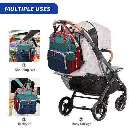 3-in-1 Baby Diaper Bag Backpack with Foldable Travel Bed
