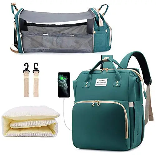 3-in-1 Baby Diaper Bag Backpack with Foldable Travel Bed