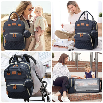 3-in-1 Baby Diaper Bag Backpack with Foldable Travel Bed