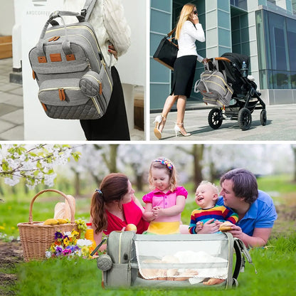 3-in-1 Baby Diaper Bag Backpack with Foldable Travel Bed