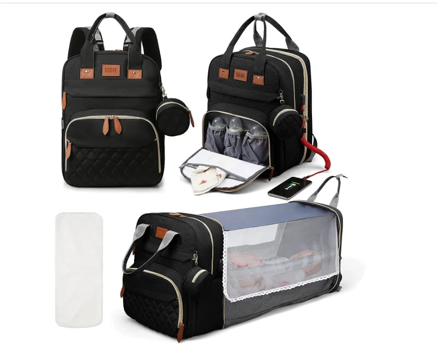 3-in-1 Baby Diaper Bag Backpack with Foldable Travel Bed