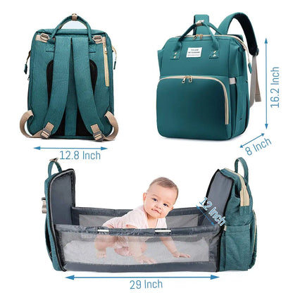 3-in-1 Baby Diaper Bag Backpack with Foldable Travel Bed