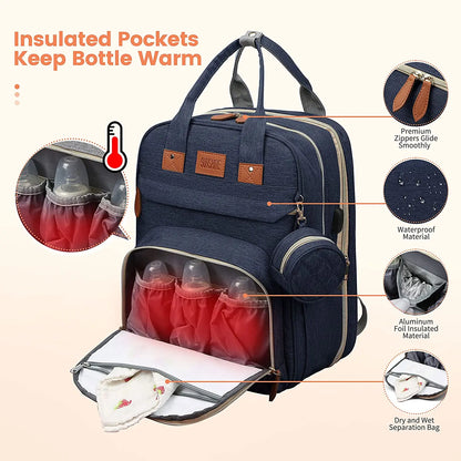 3-in-1 Baby Diaper Bag Backpack with Foldable Travel Bed