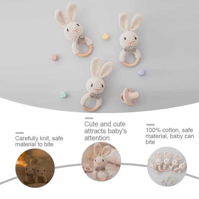 Handcrafted Crochet Bunny Rattle with Wooden Teether