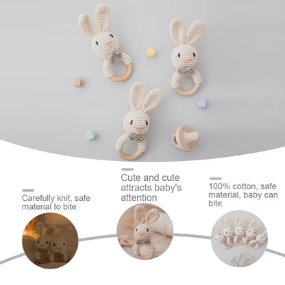 Handcrafted Crochet Bunny Rattle with Wooden Teether