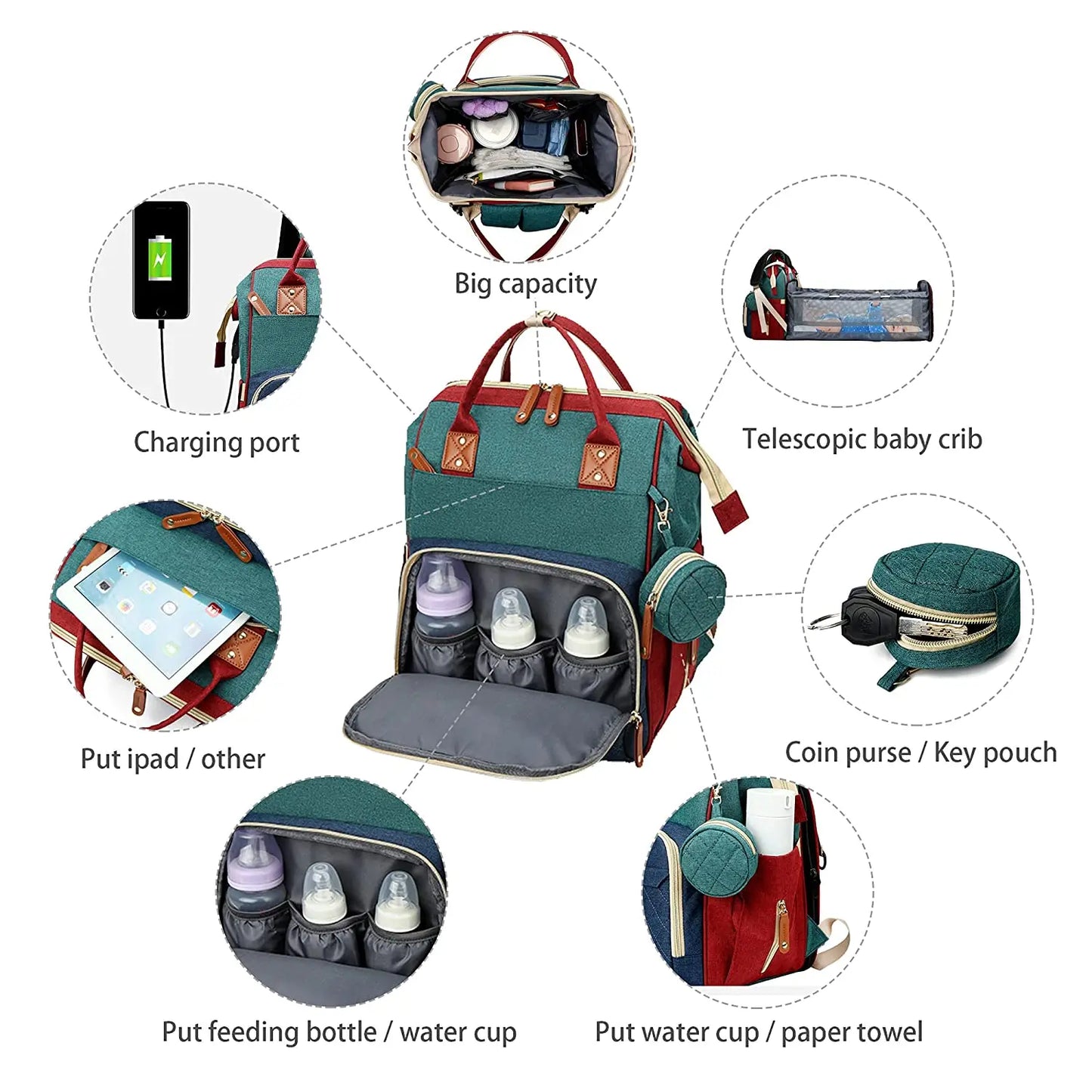 3-in-1 Baby Diaper Bag Backpack with Foldable Travel Bed