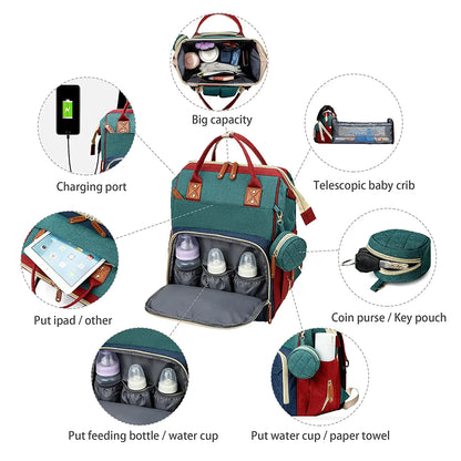 3-in-1 Baby Diaper Bag Backpack with Foldable Travel Bed