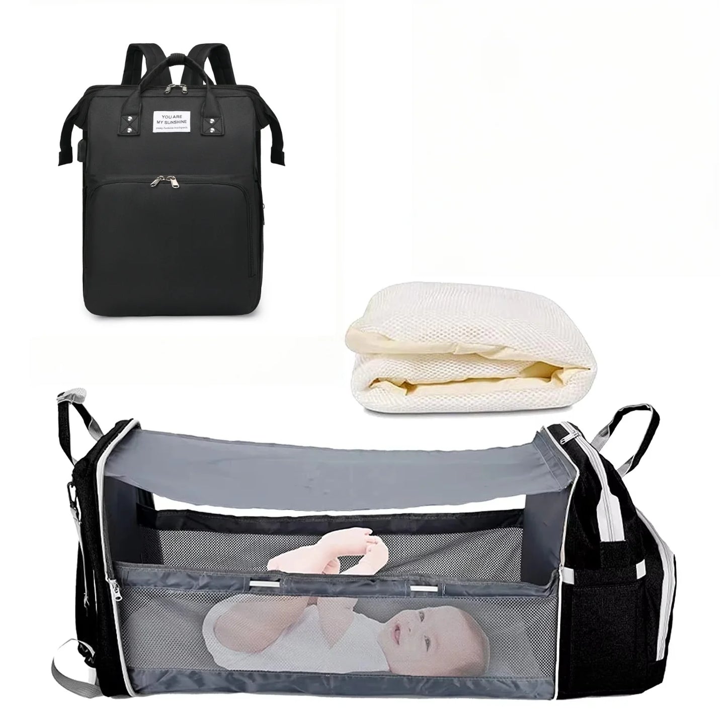 3-in-1 Baby Diaper Bag Backpack with Foldable Travel Bed