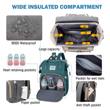 3-in-1 Baby Diaper Bag Backpack with Foldable Travel Bed