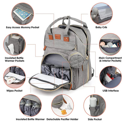 3-in-1 Baby Diaper Bag Backpack with Foldable Travel Bed