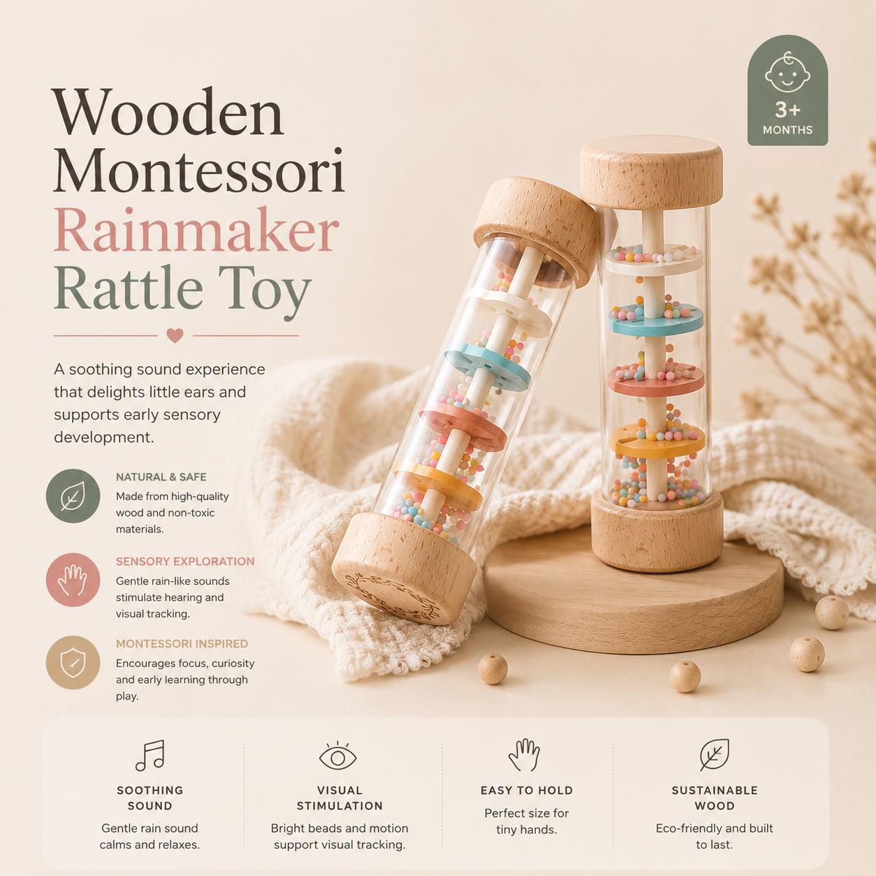 Wooden Montessori Rainmaker Rattle Toy