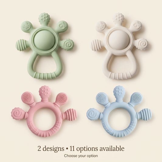 Both teether designs in four representative colours