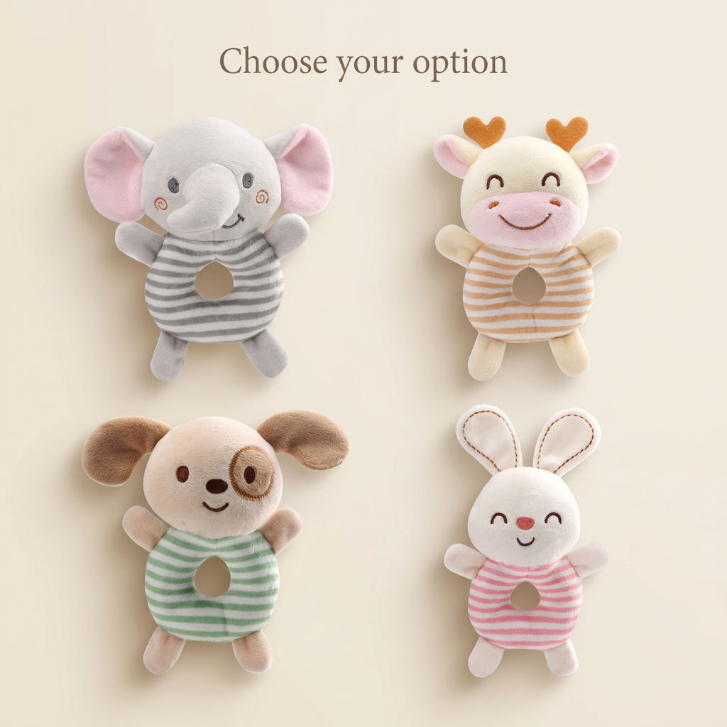 Four soft animal rattle designs