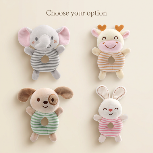 Four soft animal rattle designs