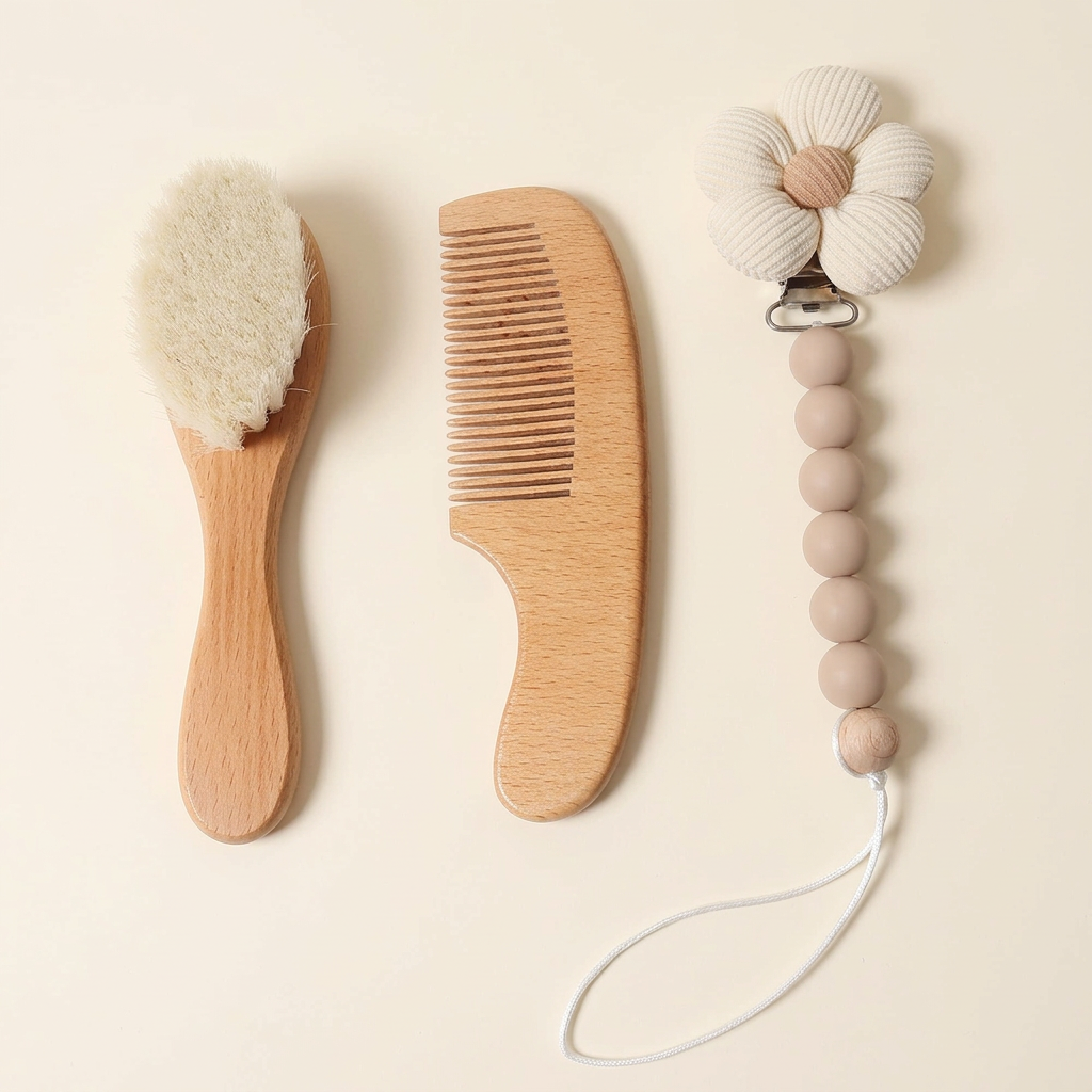 Wooden baby brush and comb with a cream flower clip on a warm ivory background