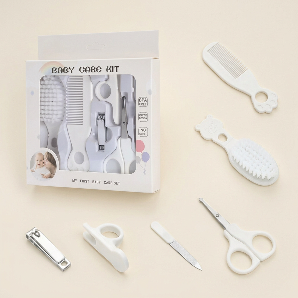 White baby grooming kit on a warm ivory background