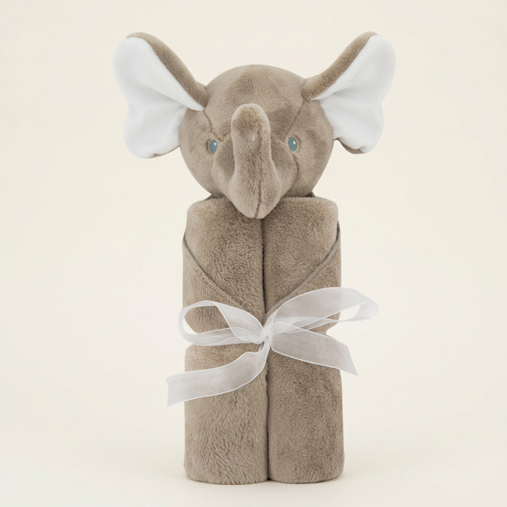 Taupe elephant baby blanket with white ribbon on an ivory background