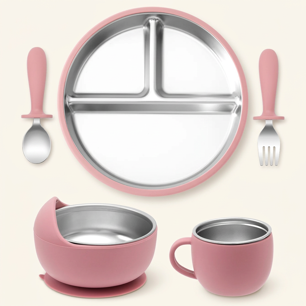 Powder Rose stainless steel and silicone baby feeding set on ivory