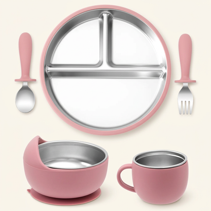 Powder Rose stainless steel and silicone baby feeding set on ivory