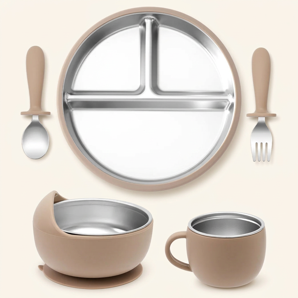 Taupe stainless steel and silicone baby feeding set on ivory