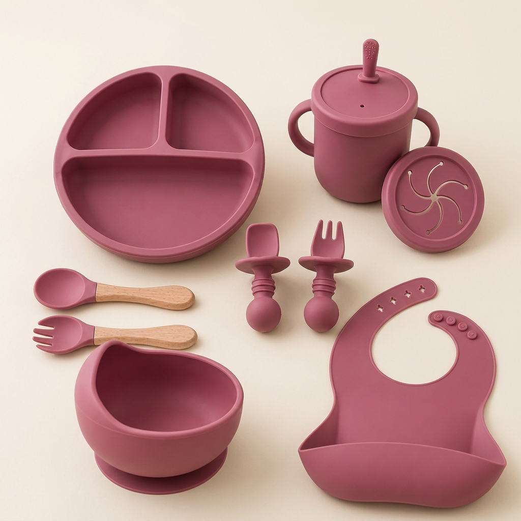Pink Set silicone baby feeding set with bowl, plate, bib, cup and utensils on ivory
