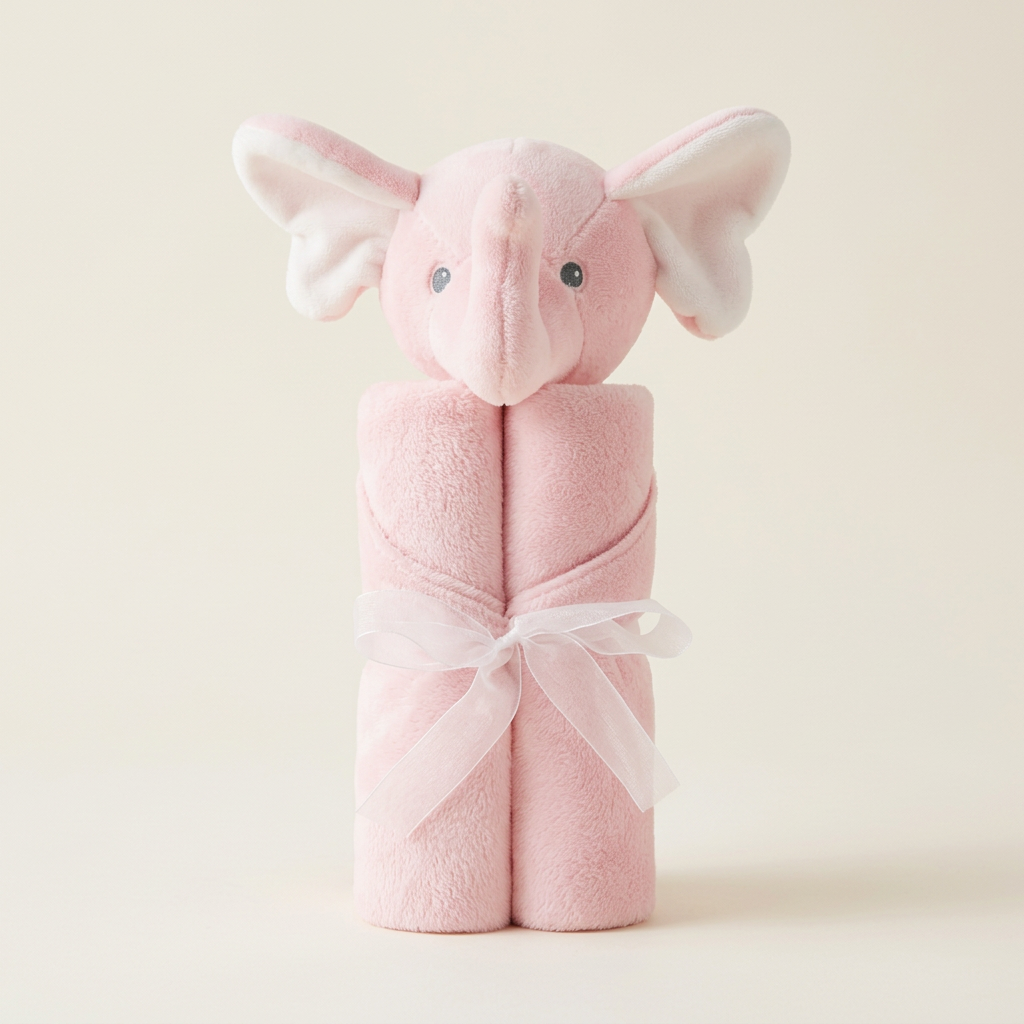 Pink elephant baby blanket with white ribbon on an ivory background
