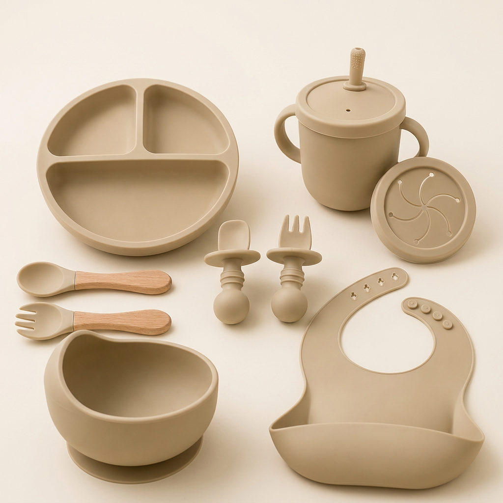 Beige Set silicone baby feeding set with bowl, plate, bib, cup and utensils on ivory